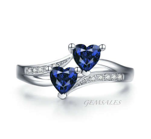 *DOUBLE HEART DESIGN*  ROYAL BLUE TOPAZ CZ   #S925#   SIZE   9.5   -   S 1/2   -   61mm
