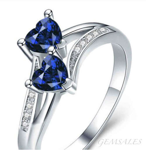 *DOUBLE HEART DESIGN*  ROYAL BLUE TOPAZ CZ   #S925#   SIZE   9.5   -   S 1/2   -   61mm