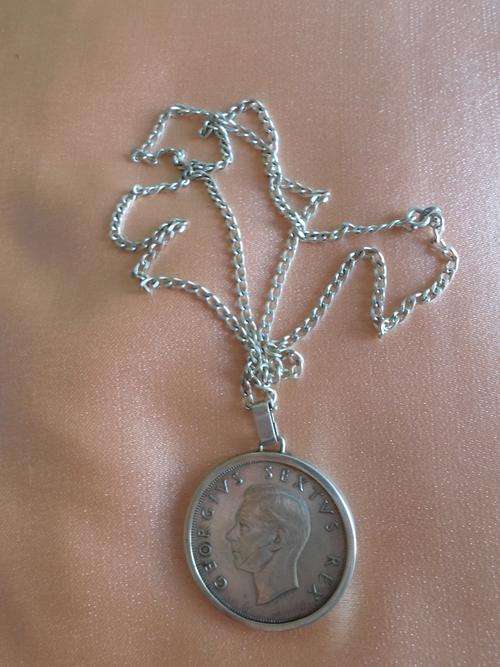 Five Shilling coin SA 1952 coin set in 952 sterling with 952 sterling silver chain.