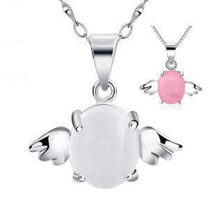 ANGEL WING PENDANT WITH CAT'S EYE STONE, SILVER NECKLACE, GENUINE AUSTRIAN CRYSTAL,  PLATINUM PLATED