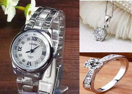 ELEGANT SILVER WATCH, NECKLACE AND RING SET, AUSTRIAN CRYSTAL, PLATINUM PLATED