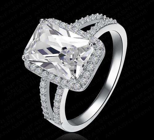 4CT Large Emerald Cut Sim Diamond Engagement Ring, 18K Platinum Plated - Size 7 Ring