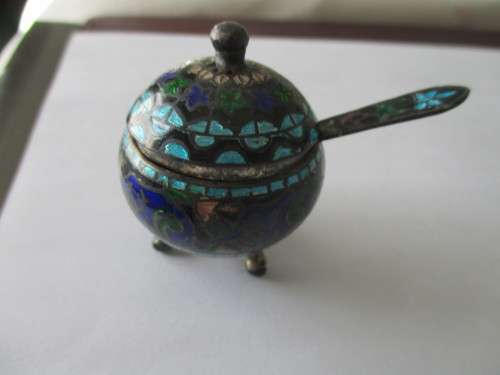 Vintage 925 Silver Salt/ Mustard Pot and Teaspoon ,decorated with colorful enamel