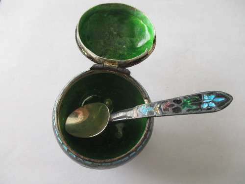 Vintage 925 Silver Salt/ Mustard Pot and Teaspoon ,decorated with colorful enamel
