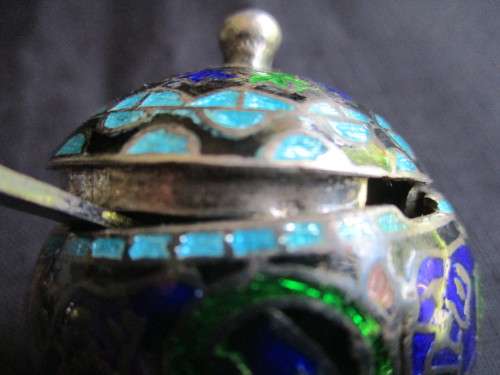 Vintage 925 Silver Salt/ Mustard Pot and Teaspoon ,decorated with colorful enamel