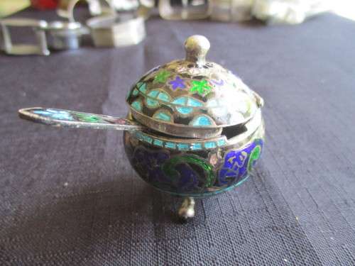 Vintage 925 Silver Salt/ Mustard Pot and Teaspoon ,decorated with colorful enamel