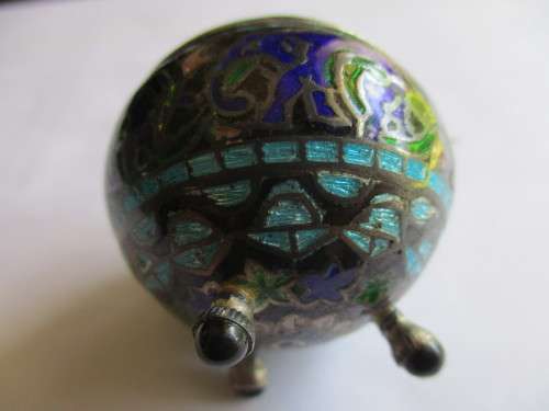 Vintage 925 Silver Salt/ Mustard Pot and Teaspoon ,decorated with colorful enamel