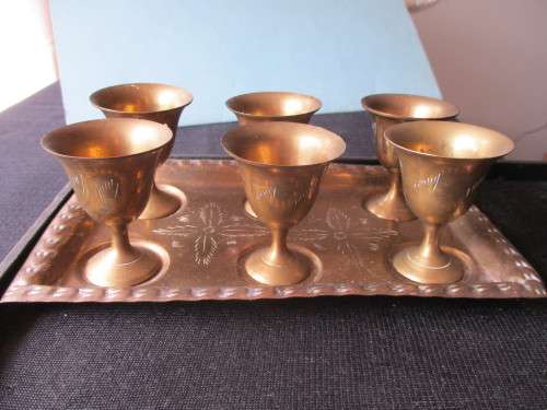 Vintage solid brass Egg Cup and Tray set, 6 cups
