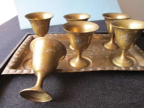 Vintage solid brass Egg Cup and Tray set, 6 cups