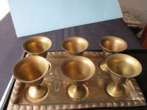 Vintage solid brass Egg Cup and Tray set, 6 cups