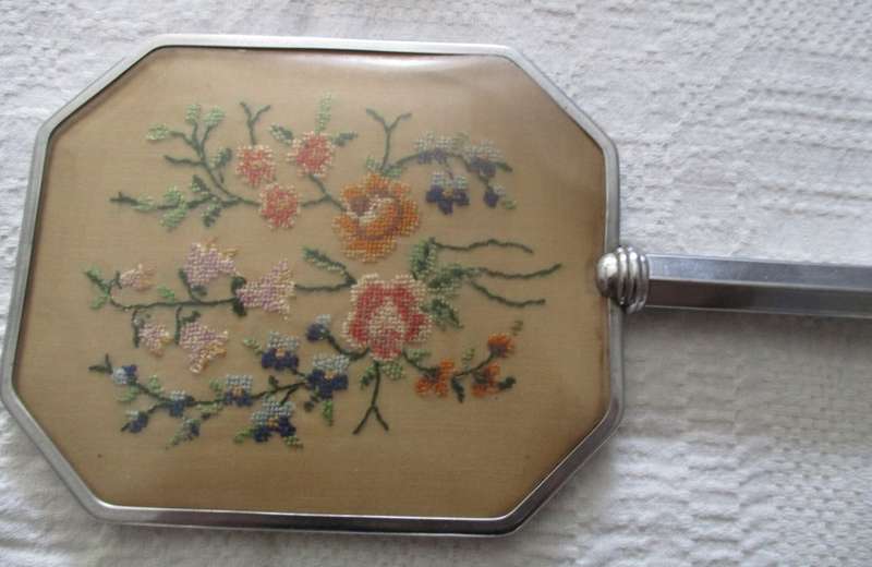 Vintage  Hand Mirror Needlepoint Petit Point