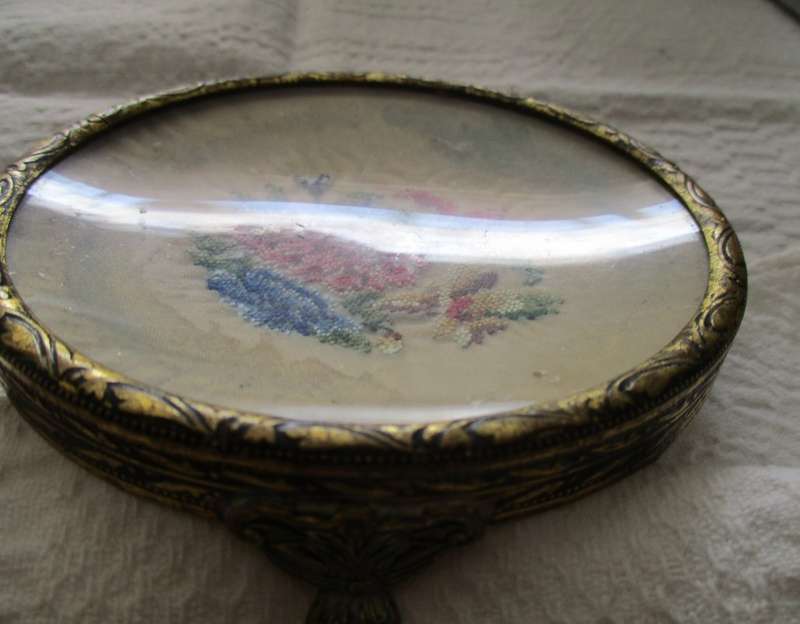 Antique English Trinket Dish Silk Petit Point Under glass Brass Footed Pin Dish