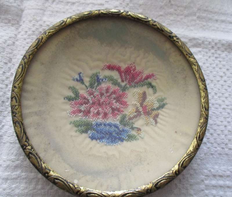 Antique English Trinket Dish Silk Petit Point Under glass Brass Footed Pin Dish
