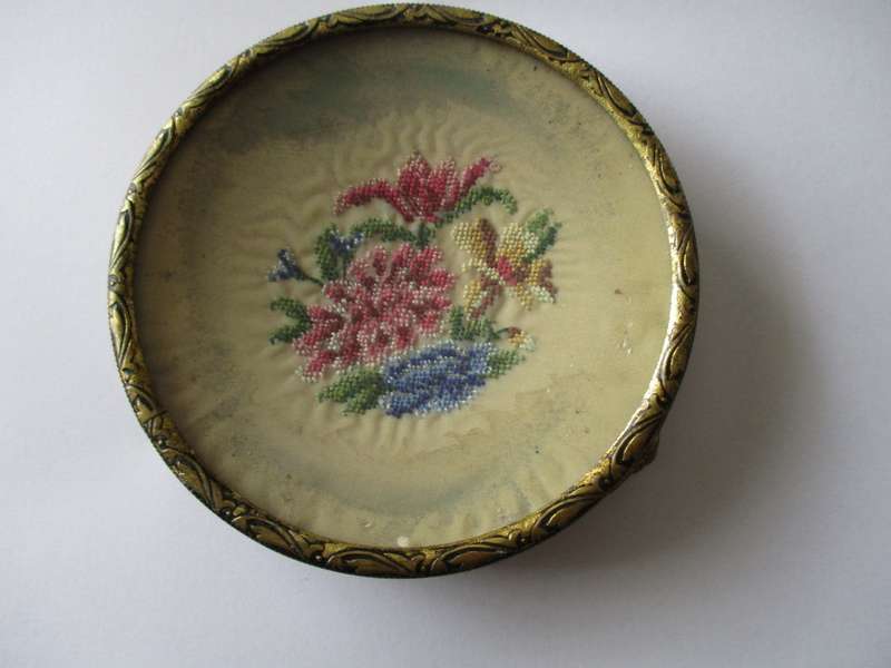 Antique English Trinket Dish Silk Petit Point Under glass Brass Footed Pin Dish