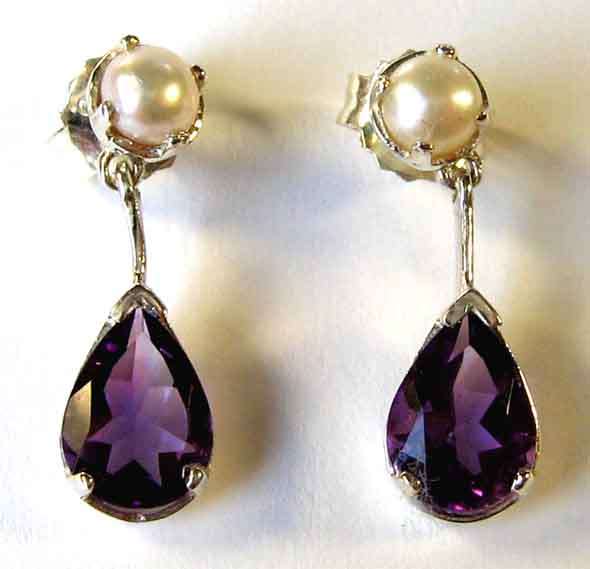 A  Beautiful Pair of Sterling Silver, Genuine Amethyst and Pearl Earrings.