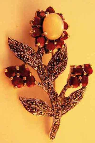Lovely, Sterling Silver , Marcasite , Moonstone and Rubies Brooch
