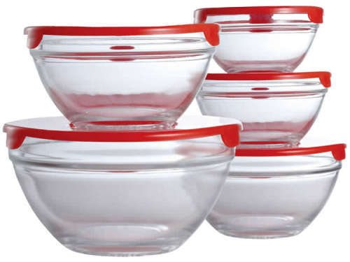 5 Pc Glass Mixing And Storage Bowl Set - Red