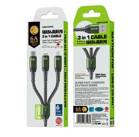 WEKOME WDC-170 Raython Series 6A 3 in 1 USB to 8 Pin+Type-C+Micro USB Fast Charge Data Cable Length:
