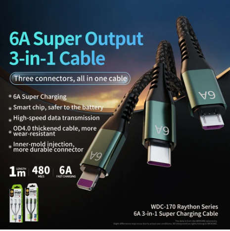WDC-170 Raython Series 6A 3 in 1 USB to 8 Pin+Type-C+Micro USB Fast Charge Data Cable