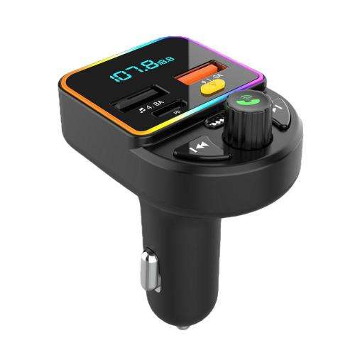 Car Bluetooth FM Transmitter Type-C Dual USB Fast Charger Ambient Light MP3