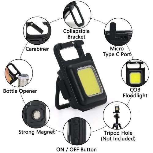 Mini COB Flashlight 500 High Lumens Rechargeable Keychain, 4 Light Modes, with Foldable Stand