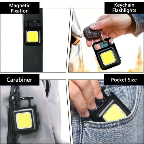 Mini COB Flashlight 500 High Lumens Rechargeable Keychain, 4 Light Modes, with Foldable Stand