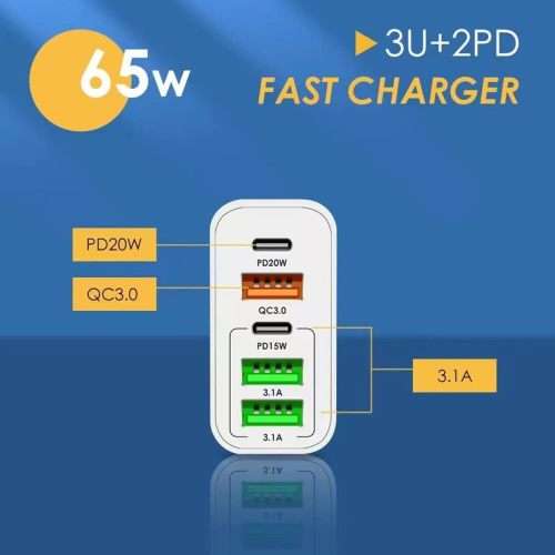 65W Charger USB 5 Port Charger Compatible GaN Technology Fast Charging Charger