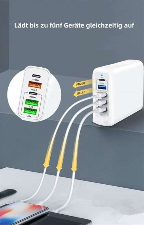 65W Charger USB 5 Port Charger Compatible GaN Technology Fast Charging Charger