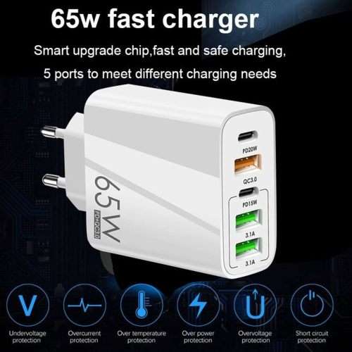 65W USB C Charger 5 Port Cell Phone Charger with GaN Tech Fast Charging Charger Compatible