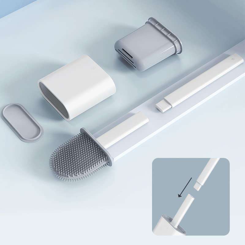 Bathroom Silicone Toilet Brush and Holder Set with Anti-Slip Long Plastic Handle