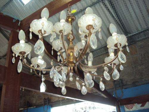 8 ARM BRASS AND GLASS CHANDELIER