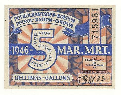 Petrol Ration Coupon - 5 Gallons March 1946