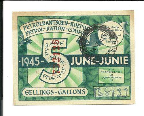 Petrol Ration Coupon - 5 Gallons June 1945