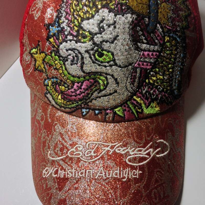 Authentic Ed Hardy NWT Y2K Trucker Style Hat - Red Glitter Rhinestone Dragon Design