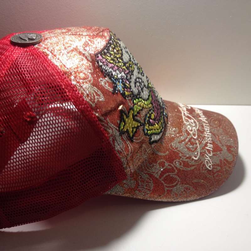 Authentic Ed Hardy NWT Y2K Trucker Style Hat - Red Glitter Rhinestone Dragon Design