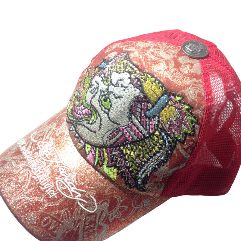 Authentic Ed Hardy NWT Y2K Trucker Style Hat - Red Glitter Rhinestone Dragon Design