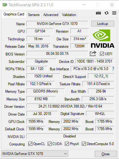 Gigabyte G1 Gaming Geforce GTX 1070 OC