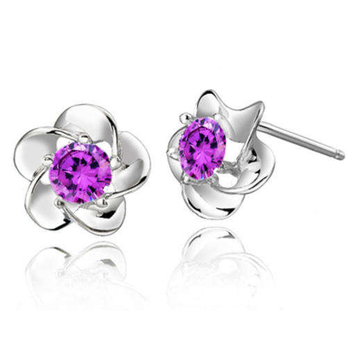 Fashion Jewelry Beautiful Plum blossom violet crystal 925 silver stud earrings