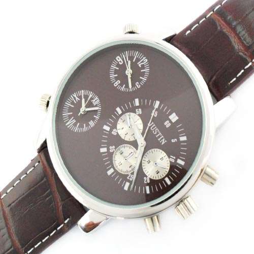 Stylish and Large Metal Case with Leather Band Men's Watch