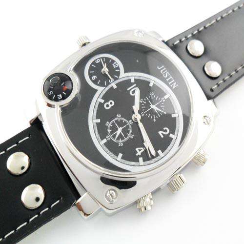 Stylish and Large Metal Case 2 Movements With Leather Band Men's Watch