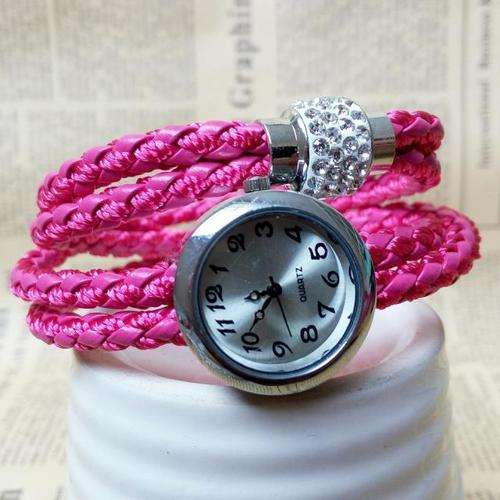 Fashion Leather Lady`s Rhinestone Pink Manual Weave Quartz Wrist Watch !!