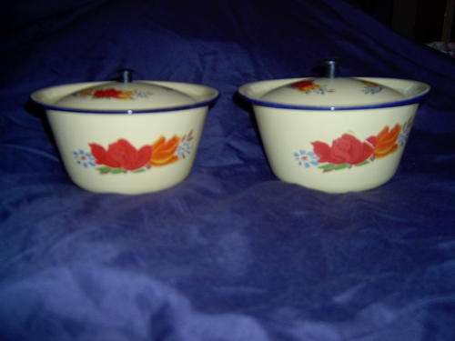 beautiful enamel floral bowls with lids x 2