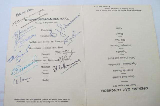 SOUTH AFRICA - 1948 OPENING DAY LUNCHEON OF THE NATIONAL PARTY GOVERNMENT WITH SIGNATURES