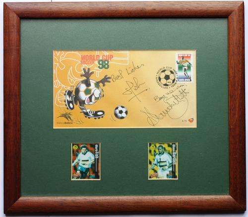 SA 1998 FDC 6.76 - World Cup Soccer Bafana Bafana - SIGNED by Mark Fish & Shaun Bartlett - FRAMED