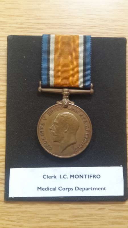 Bronze British War Medal -  Clerk  I. C. MONTIFRO  M. C. Dept