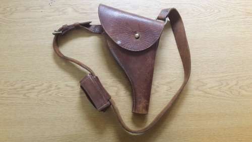 Vintage Heavy Leather Pistol Holster - Shoulder Strap & Cartridge Holder