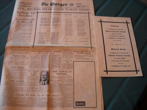 DIE BURGER WOENSDAG, 27 AUGUSTUS 1958 EN BEGRAFNISBRIEF VAN EERSTE MIISTER J.G. STRYDOM