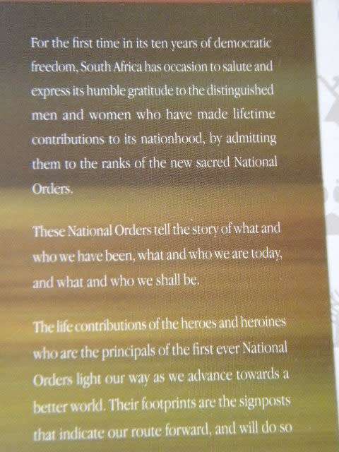 HIGHEST HONOUR  South African National Orders (Official 10 years celebrations of freedom)