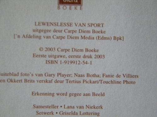 LEWENSLESSE VAN SPORT  Voorwoord: Fanie de Villiers  o.a Gary Player, Okkert Brits