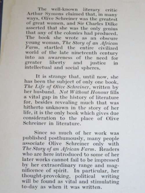 NOT WITHOUT HONOUR The Life and Writings of OLIVE SCHREINER by Vera Buchanan-Gould